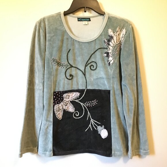 Sage Leopards & Roses Soft Terry Flower Embroidered Velour Sweater - Picture 2 of 15